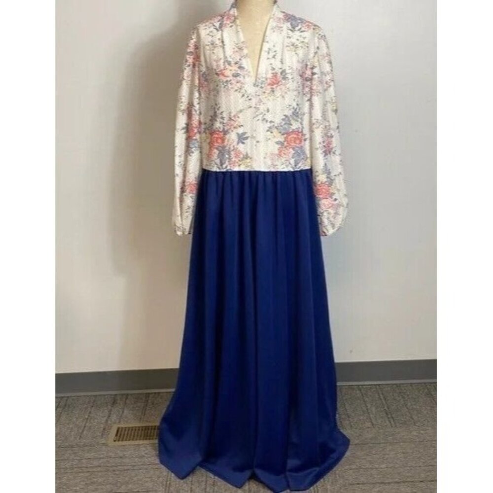 Vintage Maxi Dress Floral Bodice Blue Skirt Homemade XL - Picture 1 of 5